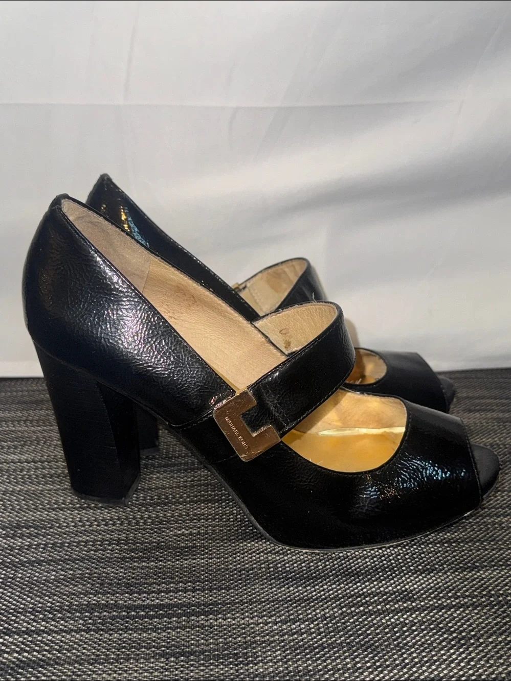 Michael Kors Chandler Mary Jane Peep Toe Heels Black Patent Leather